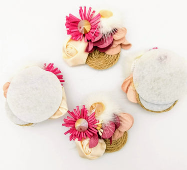Hand Embroidered Pink and Beige Floral Applique With Feather Pom Poms and Stones, 2 Pcs